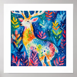 Poster Aquarelle de cerfs hivernaux colorés