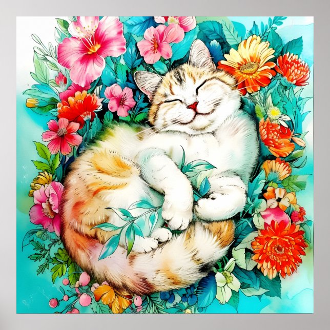 Poster Aquarelle de chat Fleur de prairie Bliss (Devant)