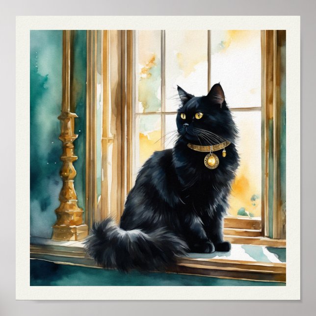 Poster Aquarelle de chat perse noir Détails Aqua (Devant)