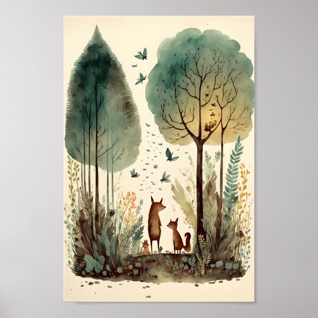 Poster Aquarelle de Fairytale illustration de la forêt (Devant)