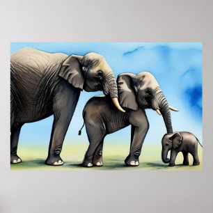 Poster Aquarelle de famille Eléphant mignonne