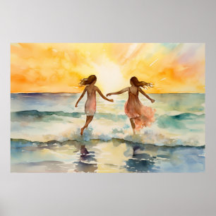 Poster Aquarelle de filles marchant sur la plage