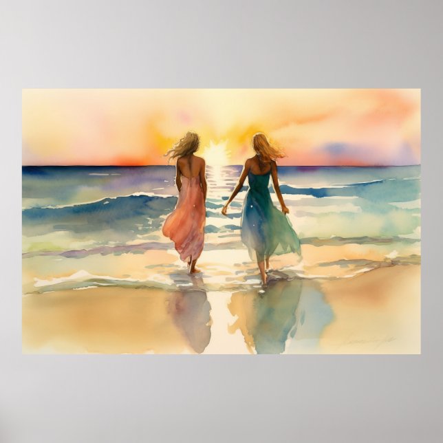 Poster Aquarelle de filles marchant sur la plage (Devant)