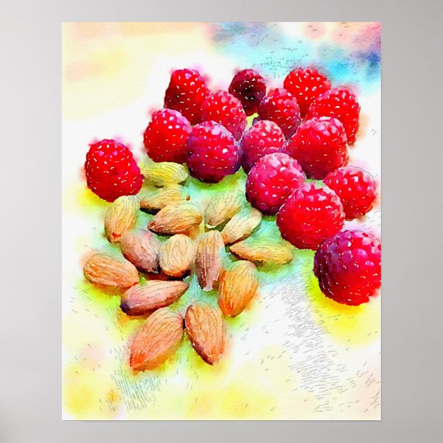 Poster Aquarelle de framboises et d'amandes (Devant)