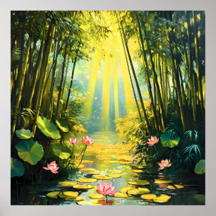 Poster Aquarelle de la forêt de Lotus Bamboo d'or