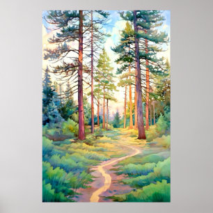 Poster Aquarelle de la forêt de pins serene Imprimer