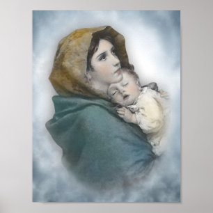 Poster Aquarelle de la Mère et du Bébé Jésus