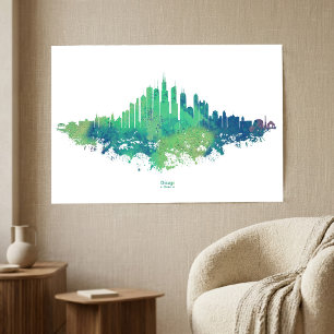Poster Aquarelle de la skyline de Chicago Bleu Vert Art d