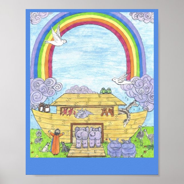Poster Aquarelle de l'arche de Noé Eléphant animal arc-en (Devant)