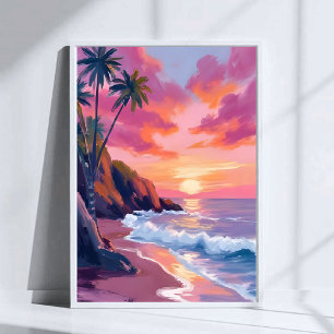 Poster Aquarelle de l'océan au coucher du soleil rose tro