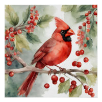 Aquarelle de Noël Cardinal rouge et baies