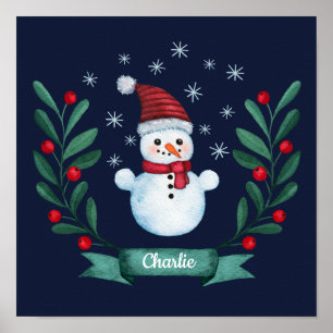 Poster Aquarelle de Noël Snowman Custom Navy Blue