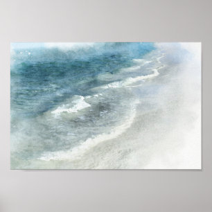 Poster Aquarelle de plage - Turquoise côtier Vagues bleu 