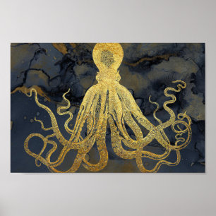 Poster Aquarelle d'encre d'octopus Vintage doré côtier