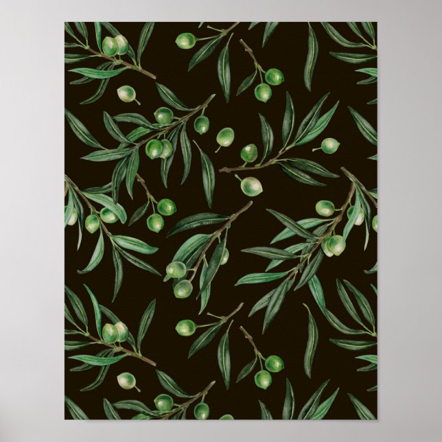 Poster Aquarelle des branches d'olive en noir (Devant)