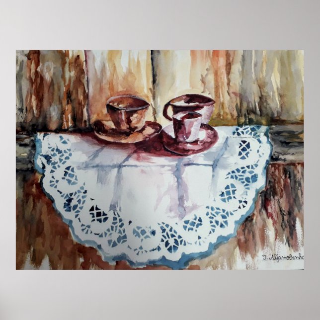 Poster Aquarelle des tasses à thé, linge de dentelle. mur (Devant)