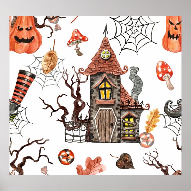 Poster Aquarelle d'Halloween : Haunted House Motif. (Devant)