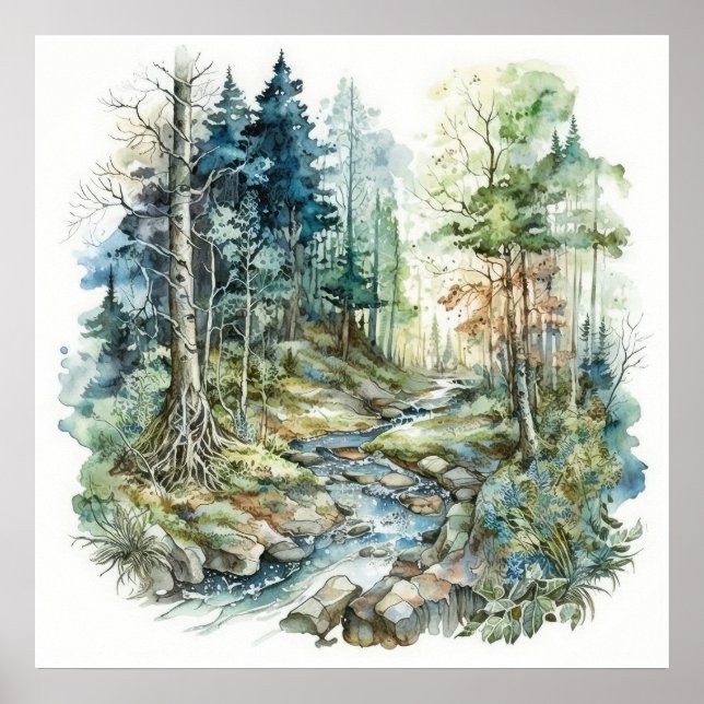 Poster Aquarelle du cours d'eau de forêt pacifique (Devant)