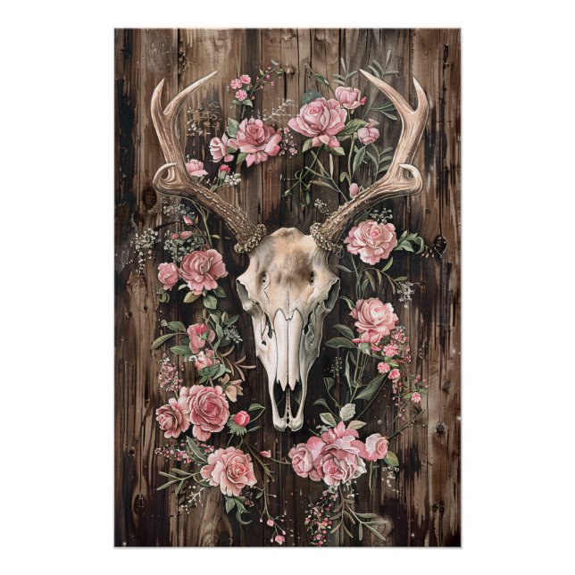 Poster Aquarelle du crâne de cerf Fleurs roses Découpage (Devant)