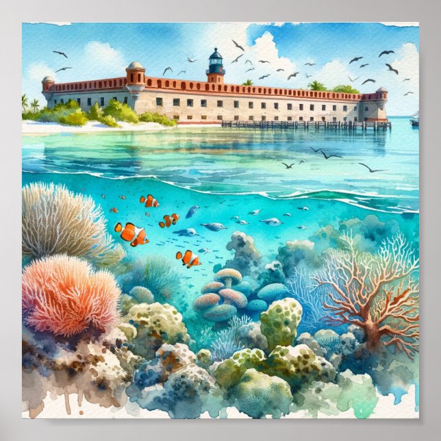 Poster Aquarelle du Fort du parc national des Tortugas (Devant)