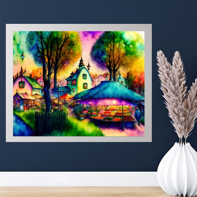 Poster Aquarelle du marché des producteurs de Whimsical (20x16 shown with added gray border mat.)