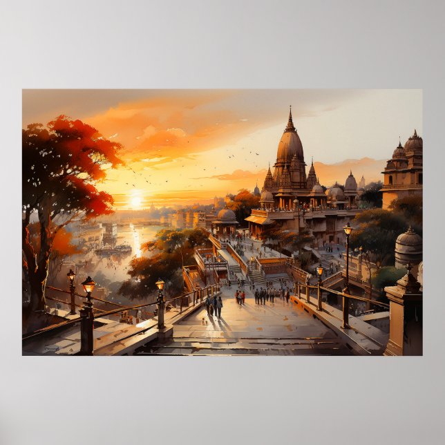 Poster Aquarelle du temple indien hindou de style Birla (Devant)