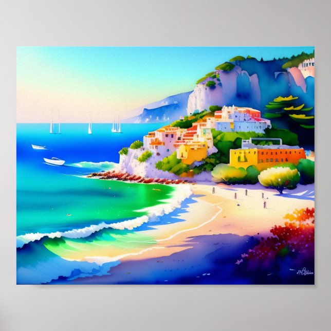 Poster Aquarelle du village de plage italien (Devant)