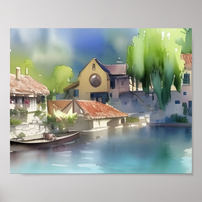 Poster Aquarelle du village fluvial allemand (Devant)
