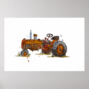 Poster Aquarelle d'un vieux tracteur orange rouillé