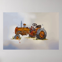 Aquarelle d'un vieux tracteur orange rouillé