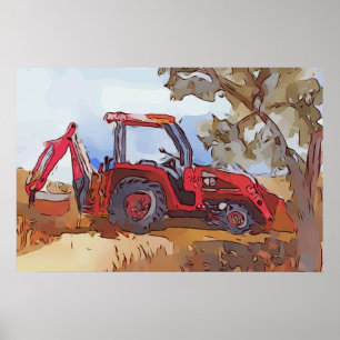 Poster Aquarelle d'une rétrocaveuse de tracteur orange