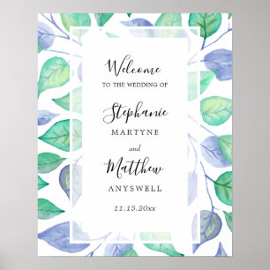 Poster Aquarelle Dusty Bleu Vert Feuille Mariage de feuil