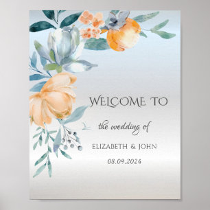 Poster Aquarelle Dusty Blue Flowers Mariage argent