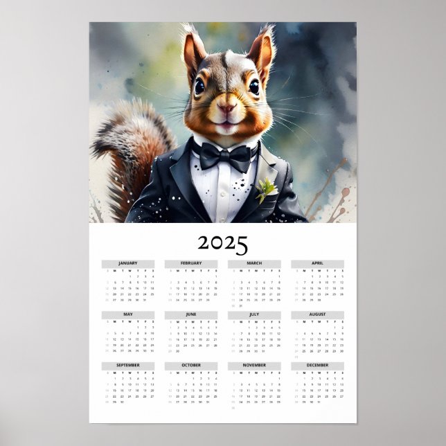 Poster Aquarelle écureuil Tux Bow Cravate 2025 Calendrier (Devant)