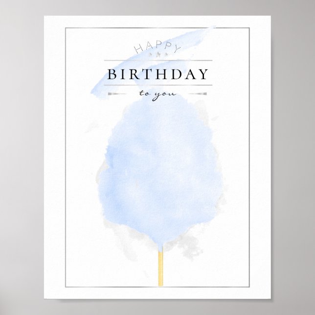 Poster Aquarelle élégante Bleu Coton Bonbon Anniversaire (Devant)