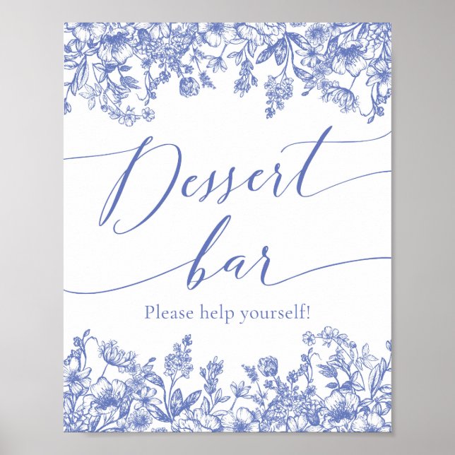 Poster Aquarelle Elégante Bleu Floral Dessert Bar Signal (Devant)