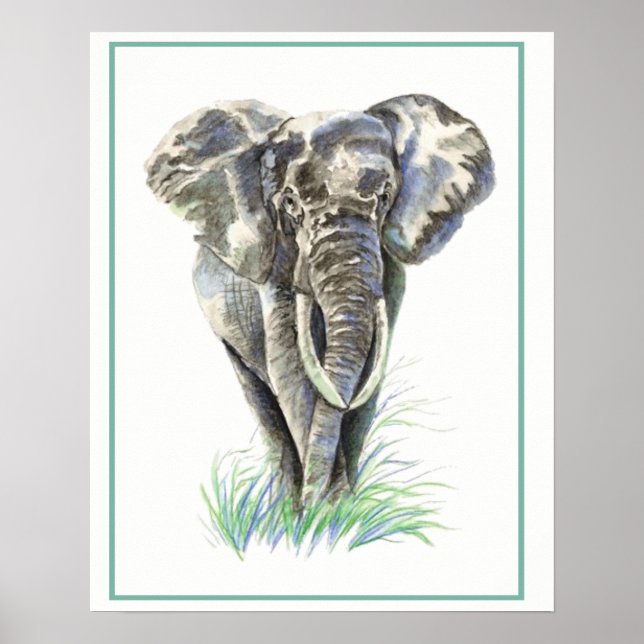 Poster Aquarelle Éléphant Animal Nature art (Devant)