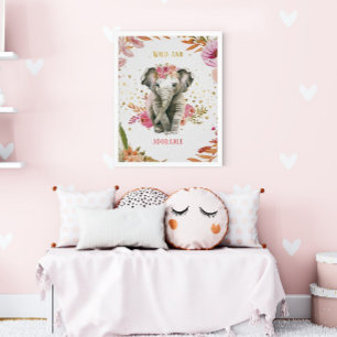Poster Aquarelle Eléphant Fleurs Roses Fille Nursery