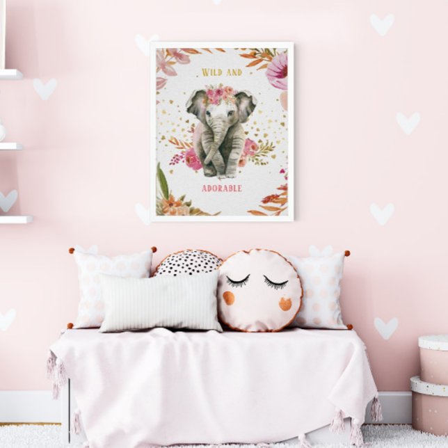 Poster Aquarelle Eléphant Fleurs Roses Fille Nursery (Créateur téléchargé)