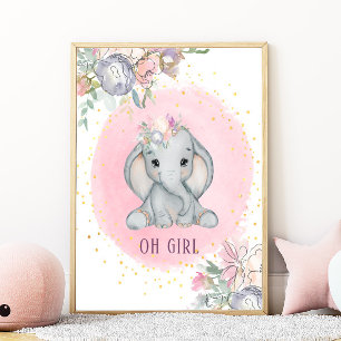 Poster Aquarelle éléphante rose Floral Baby Girl Nursery