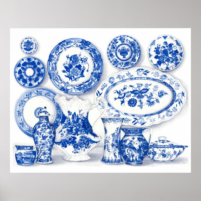 Poster Aquarelle en porcelaine bleue (Devant)