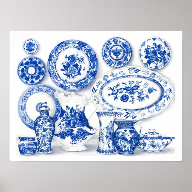 Poster Aquarelle en porcelaine bleue (Devant)