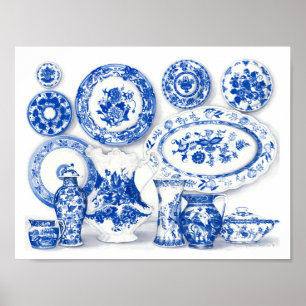 Poster Aquarelle en porcelaine bleue