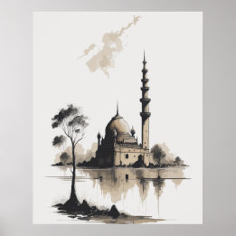 Poster Aquarelle Encre Peinture de la mosquée en noir et 