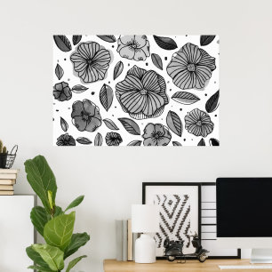 Poster Aquarelle et fleurs d'encre - noir et blanc