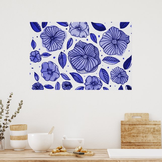 Poster Aquarelle et fleurs d'encre - palette bleue (Cuisine)