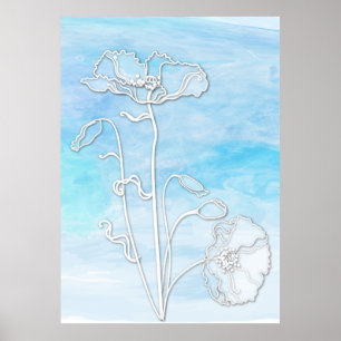 Poster Aquarelle et pavots Abstraits bleu ciel