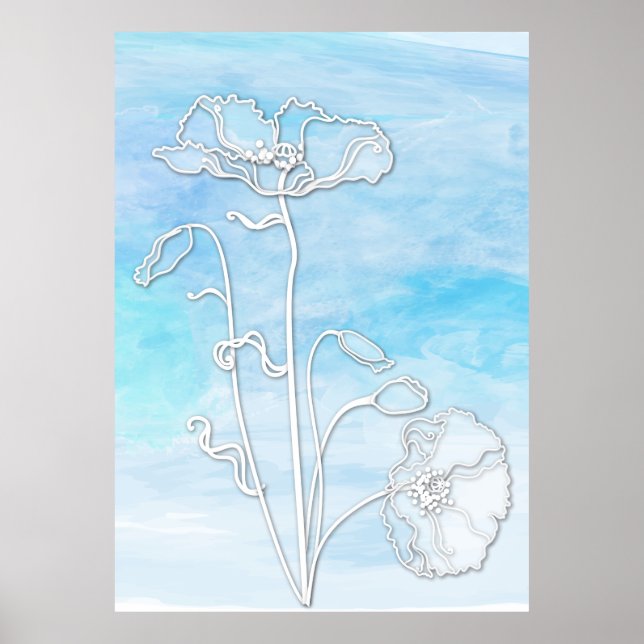 Poster Aquarelle et pavots Abstraits bleu ciel (Devant)
