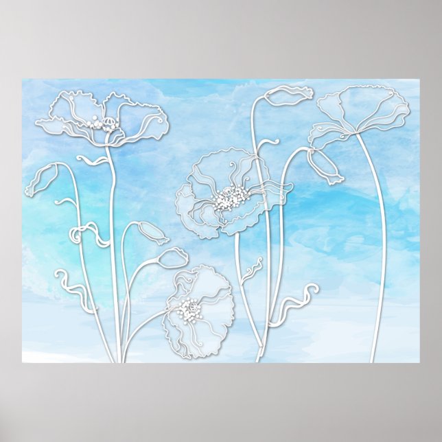 Poster Aquarelle et pavots Abstraits bleu ciel 3 (Devant)