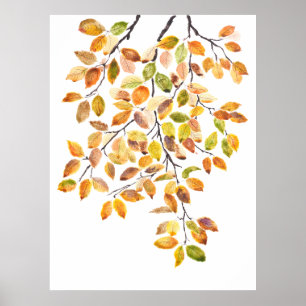 Poster aquarelle feuille de hêtre jaune orange d'automne